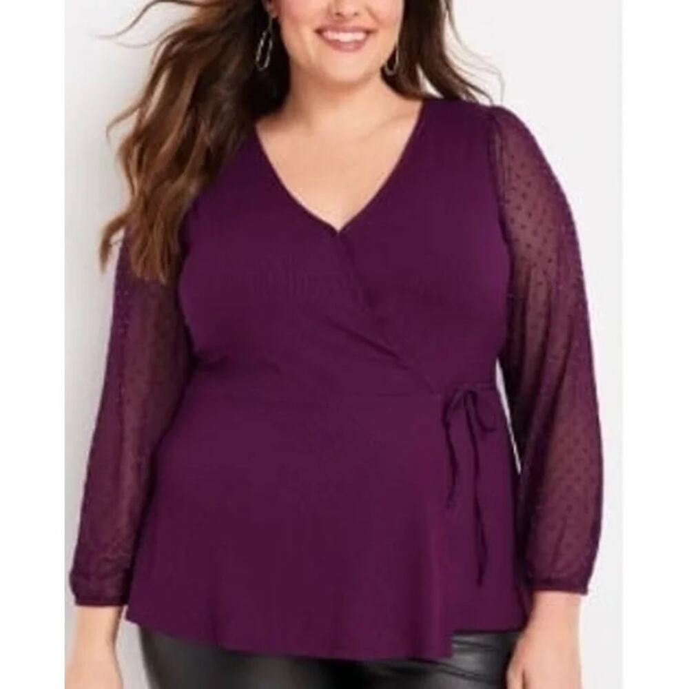 Maurices Plus Size XXL Burgundy Polka Dot long-sleeve Mesh Wrap Blouse